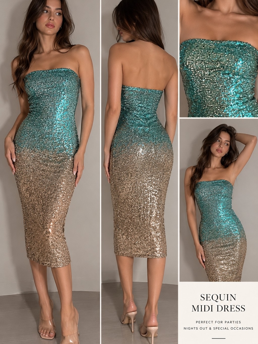 Fashion Nova Teal and Gold Ombre Sequin Strapless Midi Dress